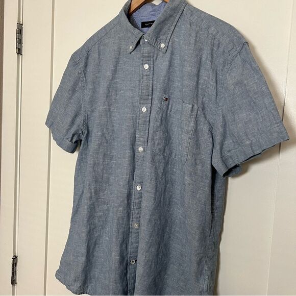 Tommy Hilfiger Shirt Mens Size XL Blue Button Down Short Sleeve Linen Blend - Picture 4 of 13